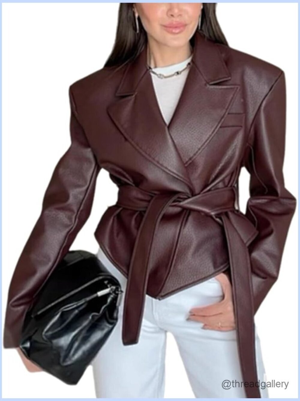 Vintage Style Faux Leather Biker Jacket Long Sleeve Waist Belt Motorcycle Blazer